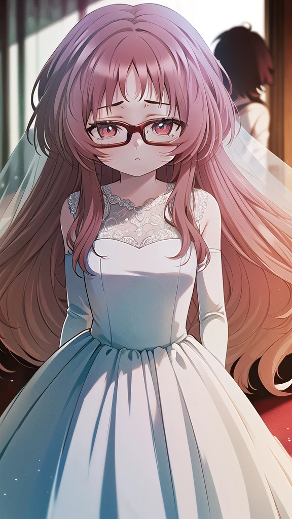 masterpiece, perfect lighting, (beautiful, best quality: 1.3), perfect eyes, absurd, 8k, 1girl, alone, (absurdities), finely detailed, ai_mie, long hair, red eyes, red hair, red glasses, small breasts, (squints: 1.2), dress, (wedding dress: 1.2),