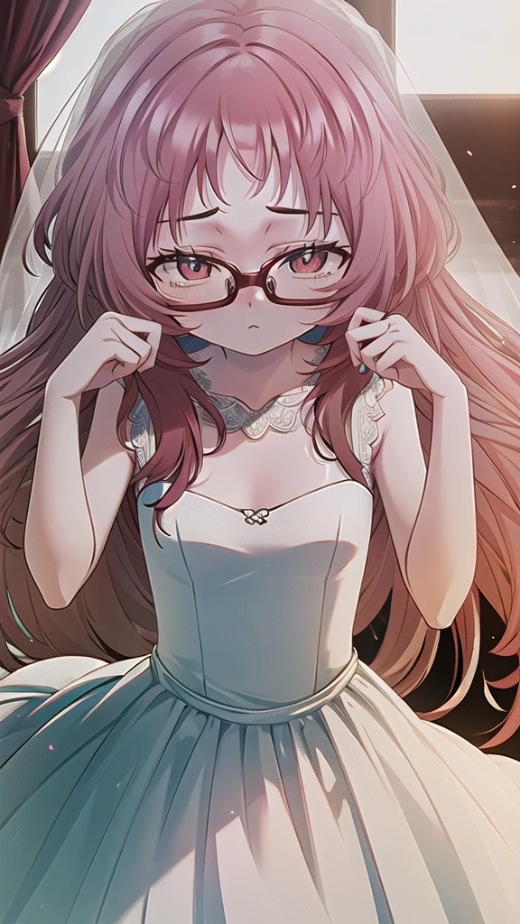 masterpiece, perfect lighting, (beautiful, best quality: 1.3), perfect eyes, absurd, 8k, 1girl, alone, (absurdities), finely detailed, ai_mie, long hair, red eyes, red hair, red glasses, small breasts, (squints: 1.2), dress, (wedding dress: 1.2),