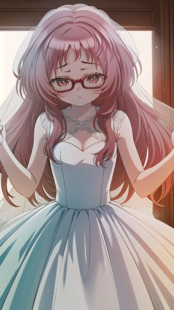 masterpiece, perfect lighting, (beautiful, best quality: 1.3), perfect eyes, absurd, 8k, 1girl, alone, (absurdities), finely detailed, ai_mie, long hair, red eyes, red hair, red glasses, small breasts, (squints: 1.2), dress, (wedding dress: 1.2),