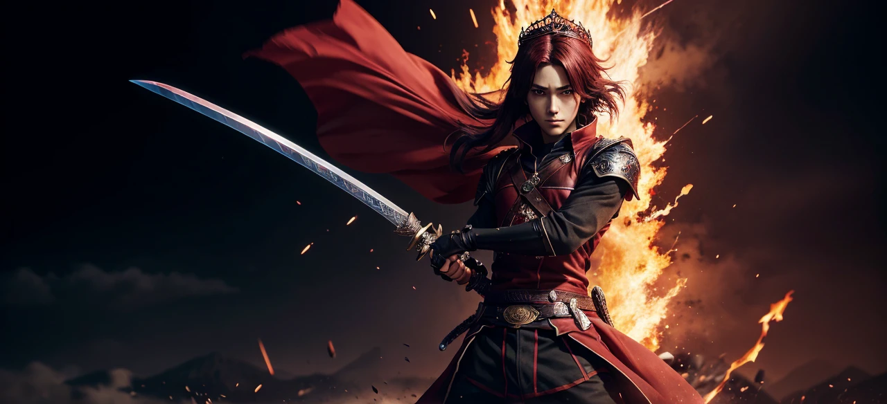 a dynamic anime-style logo, a young anime boy with black clothes, crown, and sword, standing heroically, dramatic red background, digital art, detailed face, intricate shading, cinematic lighting, (best quality,4k,8k,highres,masterpiece:1.2),ultra-detailed,(realistic,photorealistic,photo-realistic:1.37),vibrant colors,cinematic composition,dramatic pose,powerful anime character,detailed anime style,heroic stance,red background,dark clothing,crown,sword,digital illustration,cinematic lighting,professional digital art