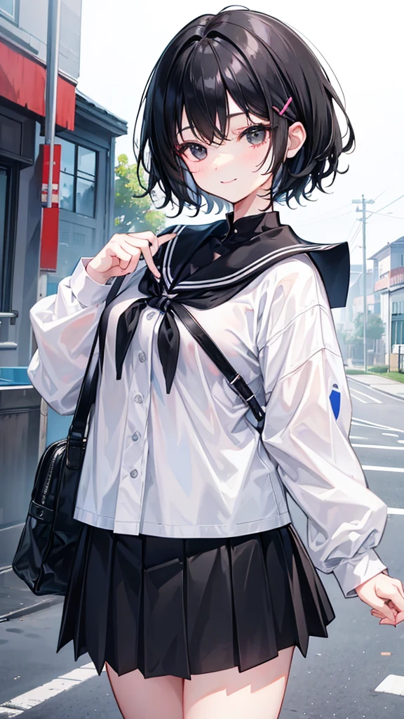 Short black hair and black eyes、primary school student, girl、Small breasts、Smile、There are bright spots around the eyes、cute hairpin、I can see the whole body、School,primary school student服