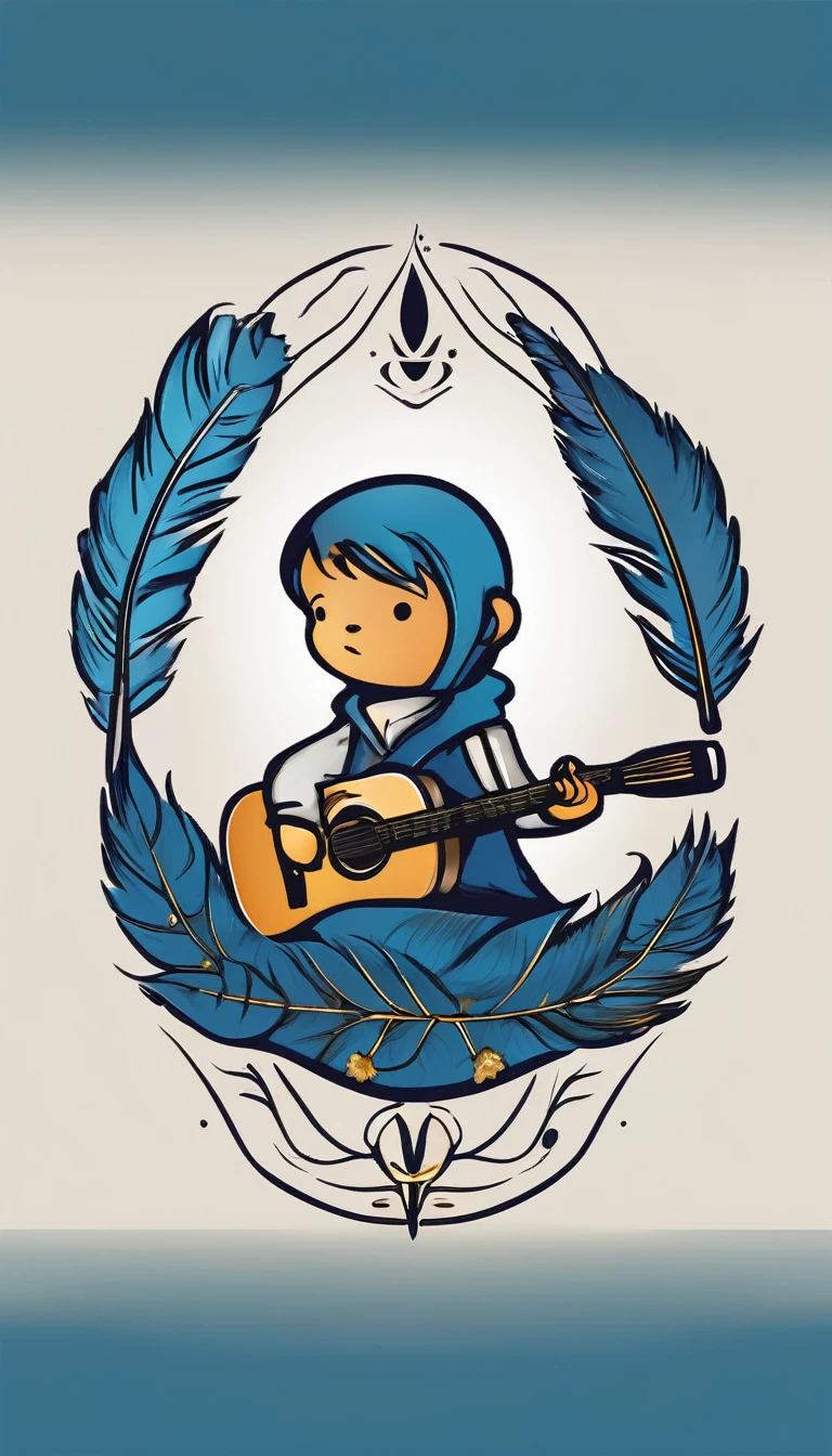 Create a minimalistic, simple, fantastic, easy to understand, logo design of a boy and a feather for an upcoming Role Playing Game called " Penamemoria". The game is about a world of bird and feathers and the inspirational, creative journey of a boy and his acoustic guitar. A boy enters that world and discovers his true artistic identity. Create a logo design that transmits the essence of this videogame and this world. It´s a fantasy game, with fantasy elements. Create the minimalistic logo in the center and a fantasy theme as background. Use the colours blue, white, light golden in the logo.