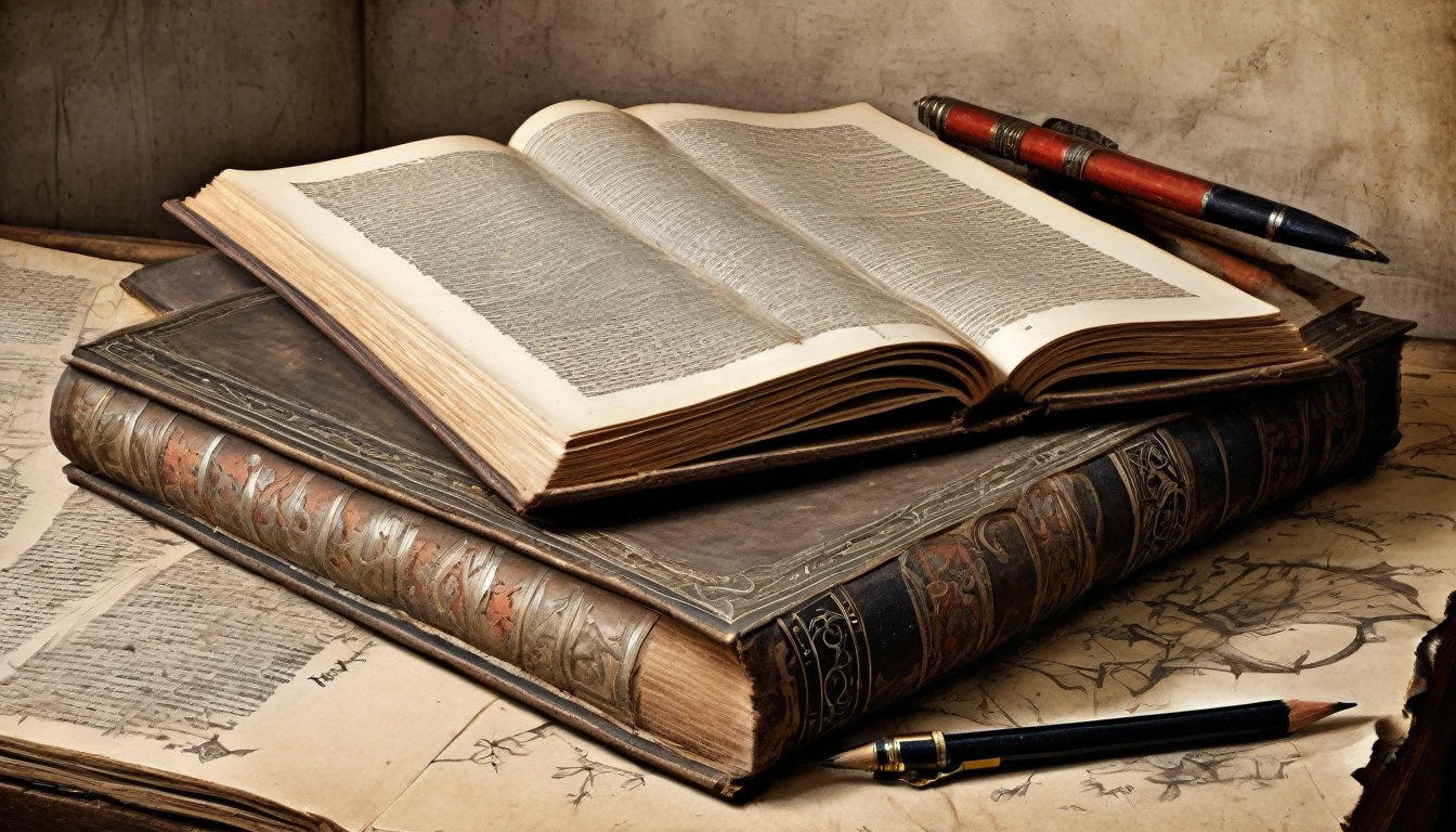 old books, manuscripts, on a table, medieval design, charcoal pencil drawing on old paper
