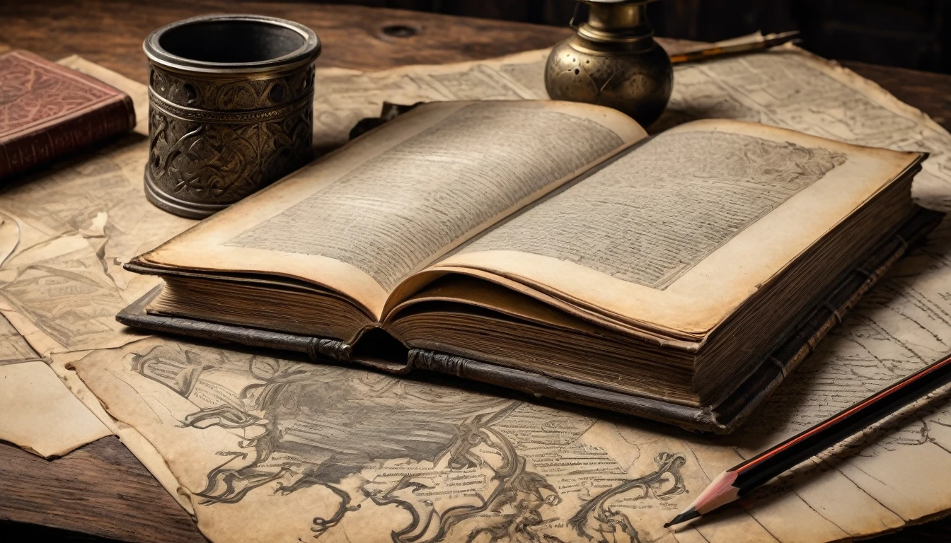 old books, manuscripts, on a table, medieval design, charcoal pencil drawing on old paper