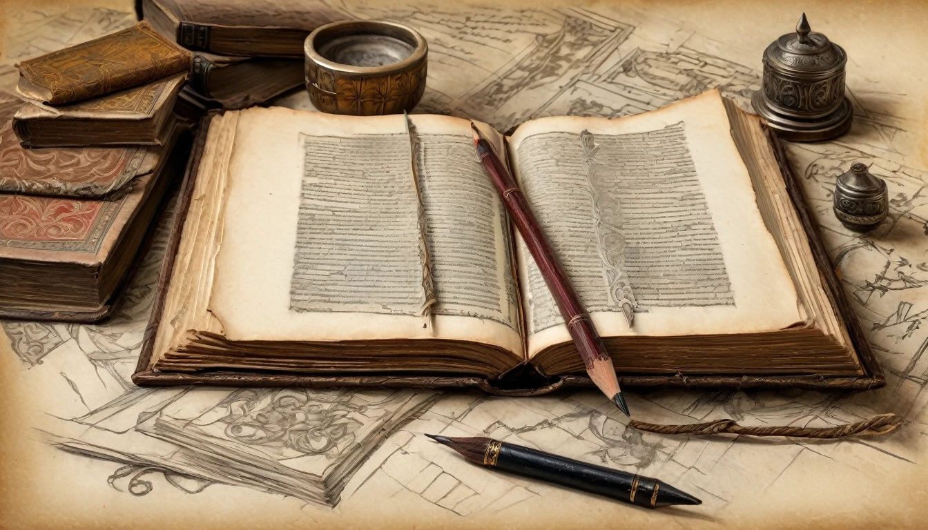 old books, manuscripts, on a table, medieval design, charcoal pencil drawing on old paper
