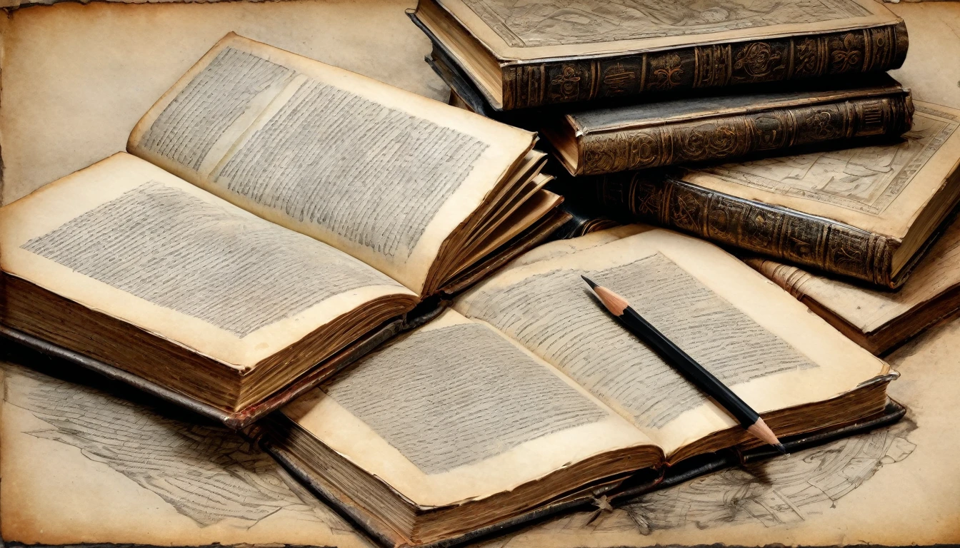 old books, manuscripts, on a table, medieval design, charcoal pencil drawing on old paper