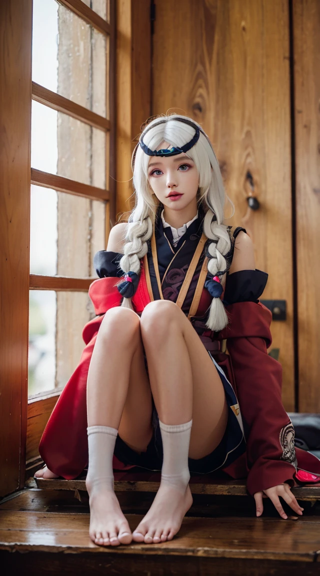 1girl, orange sleeves, white hair, white skin, light brown hair ornament, red suspenders, red clothes, light brown eyes, bare feet, double braids