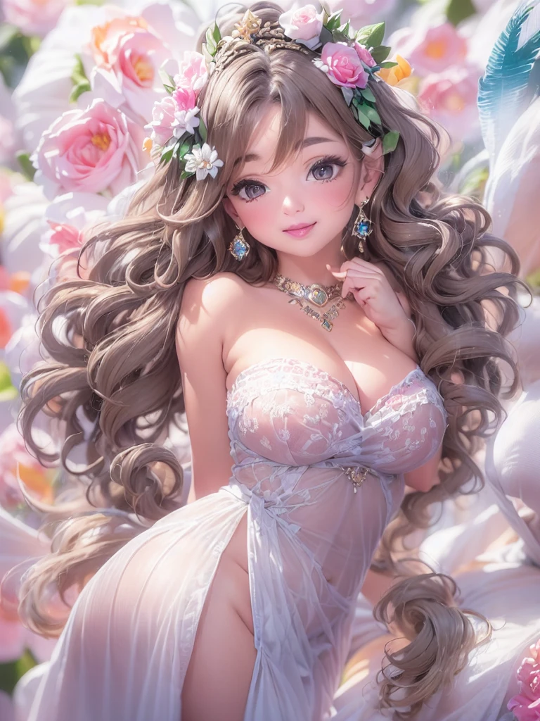 Mature Woman, Looking at the audience, Attractive breasts,Sensual curves、bubble、Full Body Shot,Nightgown, Cute Smile, Thick lips, plump唇, blush, Looking at the audience, Provocative expression, 美しいHairstyle, Cleavage, plump、Curvy Hips、Attractive face、Mischievous face、Sexy Lingerie、An inviting gaze、Expressing emotions、colored feather, money属装飾品, particle, Light, (masterpiece, Highest quality, Highest quality, Official Art, beautifully、beautiful:1.2), (1 Girl:1.3), Very detailed,(Fractal Art:1.1),(colorful:1.1)(flowerズ:1.3),Most detailed, (Dynamic pose), (Shiny skin), (Many colors :1.4), ,(Earrings:1.4), (feather:1.4),masterpiece,Mr..々Hairstyle,moneyのヘッドバンド,Tulle covers the chest,Perfect balance, Detailed details of the garment,marble,cinematicLighting, Film Grain, contrast of Light and dark,High detail,(((Gorgeous Accessories))))、Openwork decoration,(((See-through dress)))、(((Anatomically correct body))) ,1 Girl, (High resolution), (8K), (Very detailed), Perfect Face, Beautiful Eyesと顔, (((Highest quality))), (Very detailed), Detailed face and eyes, Beautiful Eyes,(((Sexy pose))),Beautiful Eyes、Transparent double eyelids、(((Super gorgeous background)))、Bright Eyes,money,diamond,gem,Body Chain,Luxury Accessories,beautifully、beautiful,flower