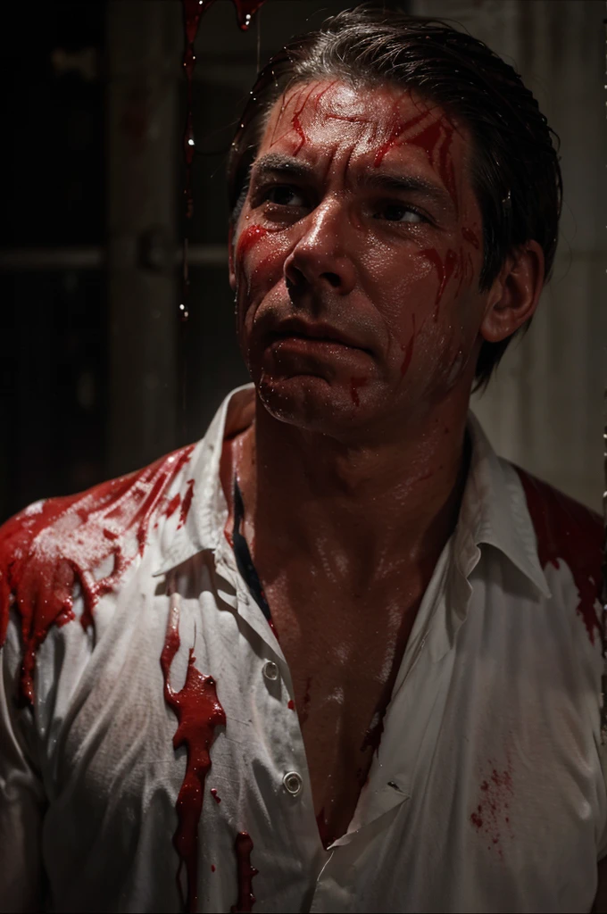 Tears of blood stream down Anthony Perkins' face as his attire becomes drenched in blood, leading to his descent into the dark waters of the ocean.