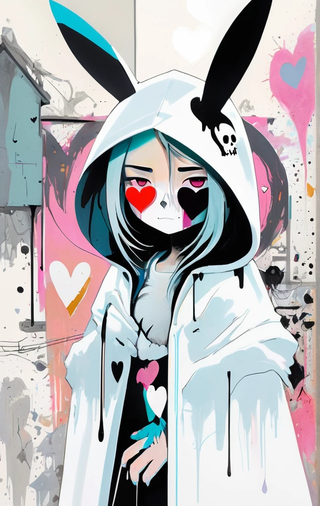 poster,Jim Mahfood,Ellen Jewett, hyper detailed, high contrast,masterpiece, white background、Simple line initials,Abstract art,Urban Background, Colorful Hearts ,(((The most beautiful girl of all time))), Cute Grim Reaper Character、Beautiful illustrations, Highest quality, Cute Grim Reaper、Bedroom, pastel colour, Fluffy bunny ears, , Silver long hair,
