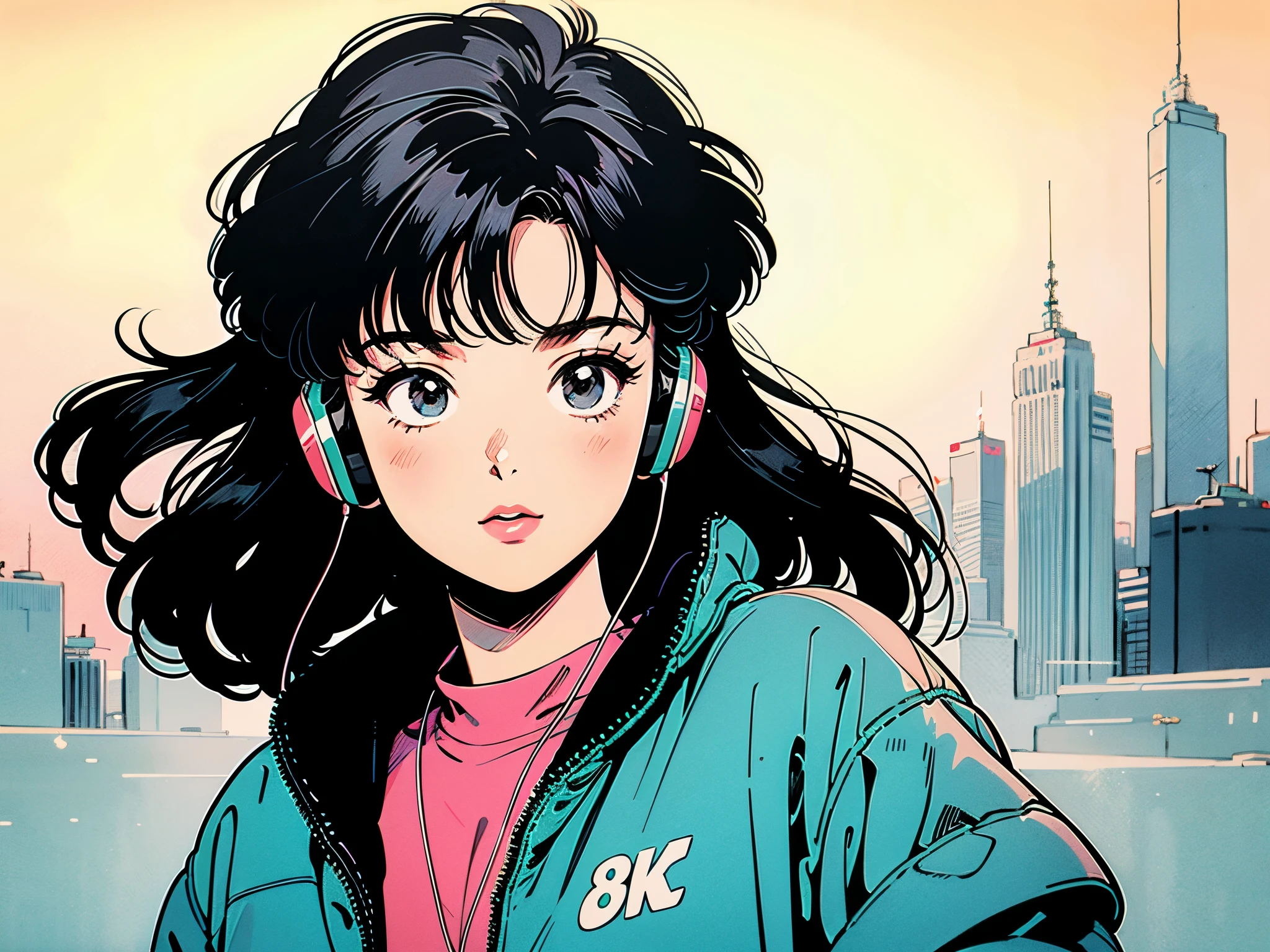 Highest quality,wallpaper,masterpiece,Very detailed,8K,wallpaper,Retro,((1 female:1.5)),Long-haired woman,Wearing headphones and listening to music,Getting in the rhythm,City Pop,Urban Pop,Retroなレコードジャケットのイラスト