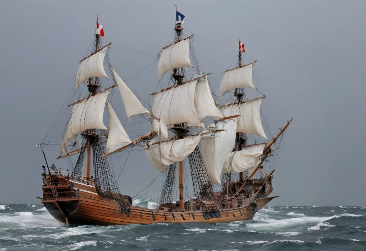 Tall ships of the seventeenth century with large white sails cannons a wooden hull butt. The ship is of French nationality and it sails on the ocean in full storm. [Sailboats] [Boat] [Ship] [Sail] [Magnificent] [Sea] [Ancient] [Storm]