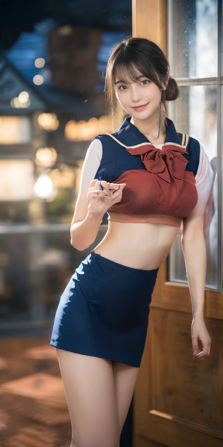 (((A proper woman, Eyes shining with excitement,smile,blush,blush,Red cheeks,Touch it,fascinating viewer,I want you))),(Skirt flip,i can see your Navy panties), (Skirt flip,i can see your Navy panties),((((blush,Red cheeks,Sweat)))),(Cinema Lighting), (Photo realistic:1.4)、(Surreal:1.4)、(Realistic:1.3)、 (Gentle lighting: 1.05)、(Improve the lighting quality of your videos:0.9)、 32k、25-year-old female、Photorealistic Lighting、Backlight、Facial Light、Ray-tracing、(bright:1.2)、(Improvement of quality:1.4)、 (Highest quality real texture skins)、Beautiful Eyes,Delicate face、 Face close-up, ((Wearing the Red Stewardess uniform,Red Stewardess,Midi Skirt,Navy panties,High heels),(Improve your body line mood:1.1)、Shiny skin、Korean Idol、Nogizaka idol、Good figure,Perfect Anatomy,Beautiful actress,(((Very huge beautiful breasts bigger than face,Narrow waist,Thin Hips,Long, slender legs,8 heads))),(((8 heads))),(((Brown-haired bun,Curtain bang))),(((In a beautiful modern office in the library,Very beautiful night view,At night))),
