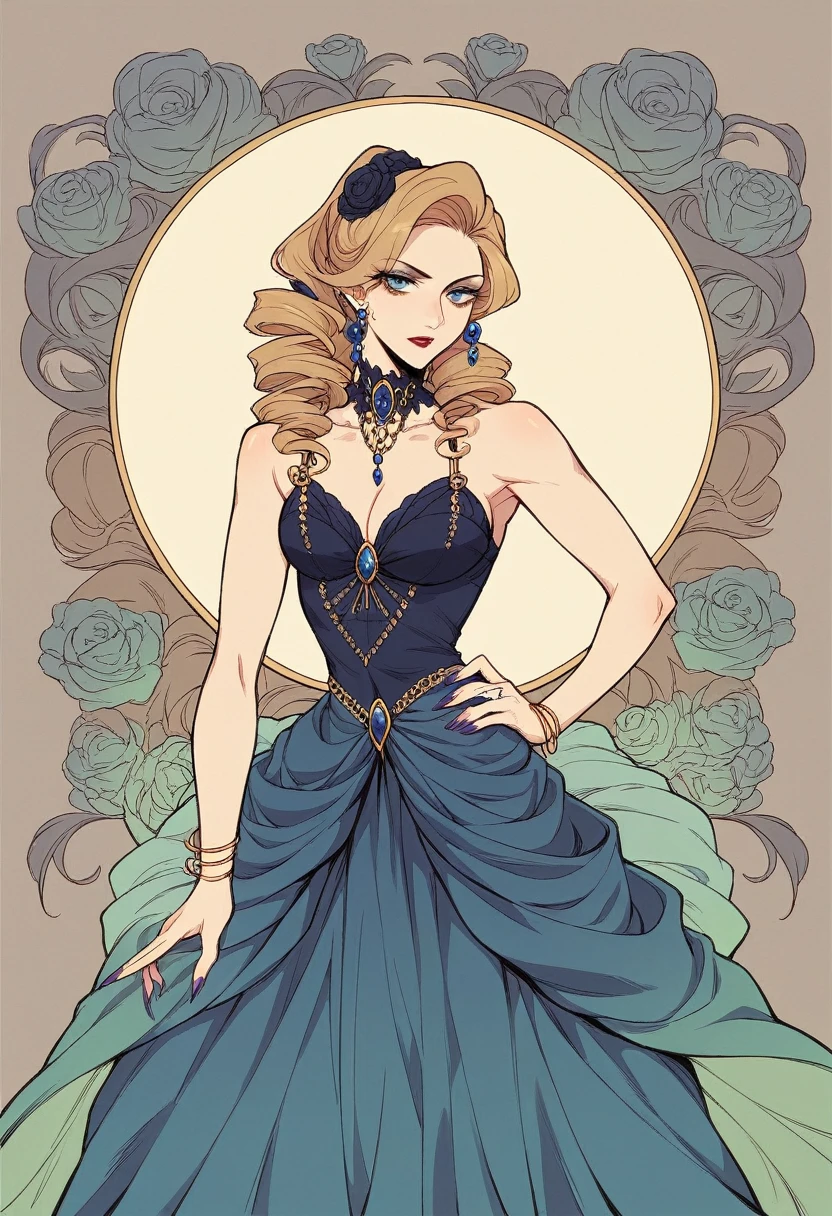 Generate a fashion illustration in the style of Erte. The artwork should feature a tall, elegant woman wearing an opulent, flowing gown with intricate patterns and Art Deco details. The lines should be delicate and precise, and the overall composition should exude a sense of luxury and sophistication. Incorporate rich colors such as gold, deep blue, and black, with ornamental accessories and a dramatic pose.