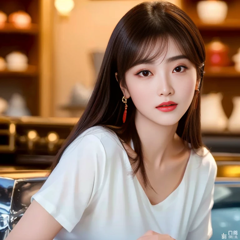 Arafe woman with long brown hair wearing a red shirt, Ruean Jia is very beautiful.!, Inspiration from Huang Ji, 8K vertical rendering, photo realistic beautiful face, Dilraba Dilmurat, red jewelry, Inspiration from Yao Tingmei, Digital art of elegance, Sazi, Portrait of a modern Darna, Sakimi-chan, Big eyes,Double eyelids, black eyes, Very large chest 38 inches, The chest is round and shiny., abdominal muscles, perfect body, Wear a dark round neck t-shirt., Bright colors, expensive silk, outdoor, Warm light, The morning sun shines beautifully., (digital painting, HDR, high contrast), straight face, face focus), (Highest quality:1.4, 3D 8K, 45,000,000,000,pixels,),(Masterpiece:1.3),(sharp focus:1.2),glowing face, (Red cheeks:1.4), ยืนเดินoutdoor, The evening sun shines beautifully and realistically.,