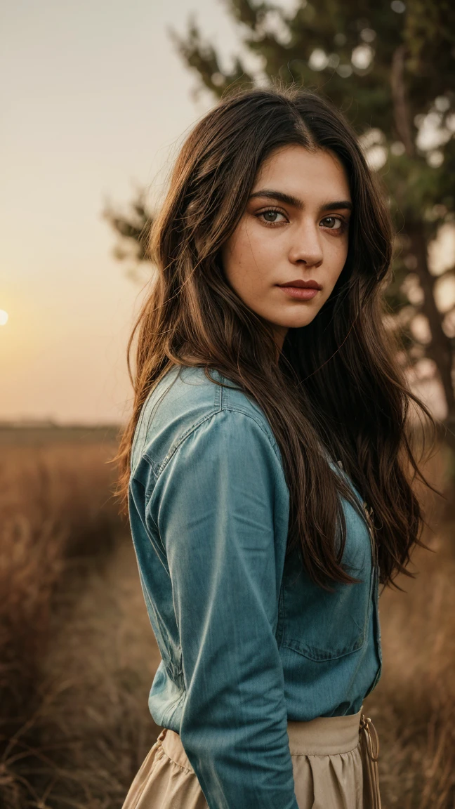Indian woman blue eye and very long dark brown hair wolf hair cut hairstyle, round face shape with dimples, wering nose ring, ear rings,( body mesurement 37-30-40 weight 70kg height 5.7 ft ,)realistic lighting and HDR 8K sunset time natural red sun lightning ,5:10 ratio, wide angle, background beutifull naher , vibrant color grading, wide-angle shot, light leaks, adventure