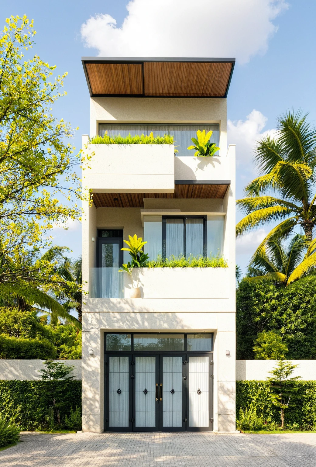 head of'artwork, High quality, best quality, authentique, great detail, En plein air, villa de plain-piedXL, groupe aiai, style de maison moderne dans la rue ,stairs, white wall ,road,pavement, grass, trees, sky, nuvens, (day light:1.1)