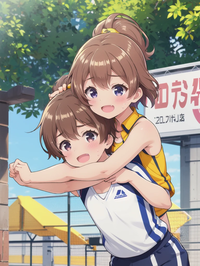 1girl,1boy,Outdoor,1girl,Track and field uniforms,Leaning forward,smile,Brown Hair, short hair, ponytail,Flat Chest,upper body,Cleavage,Sweating profusely,Chibi,hug,1boy,white face,black hair,white skinned,young aged man,