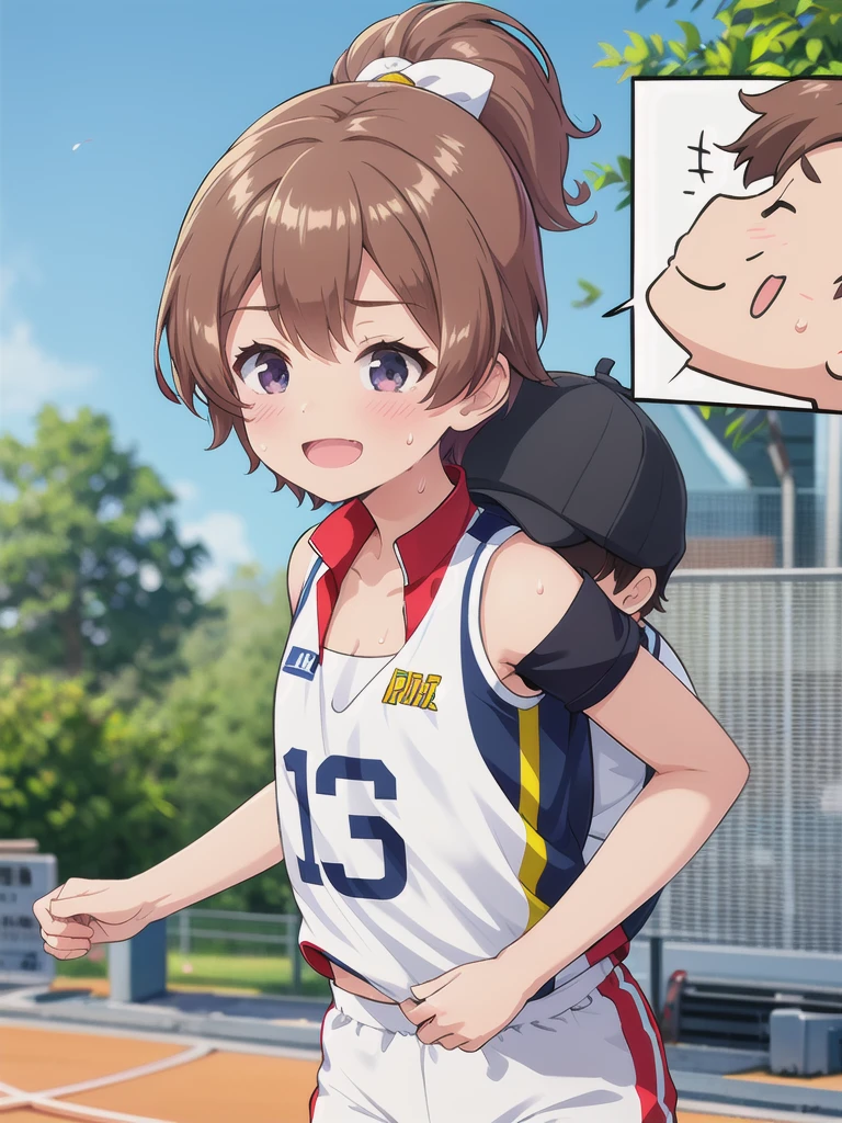 1girl,1boy,Outdoor,1girl,Track and field uniforms,Leaning forward,smile,Brown Hair, short hair, ponytail,Flat Chest,upper body,Cleavage,Sweating profusely,Chibi,hug,1boy,white face,black hair,white skinned,young aged man,