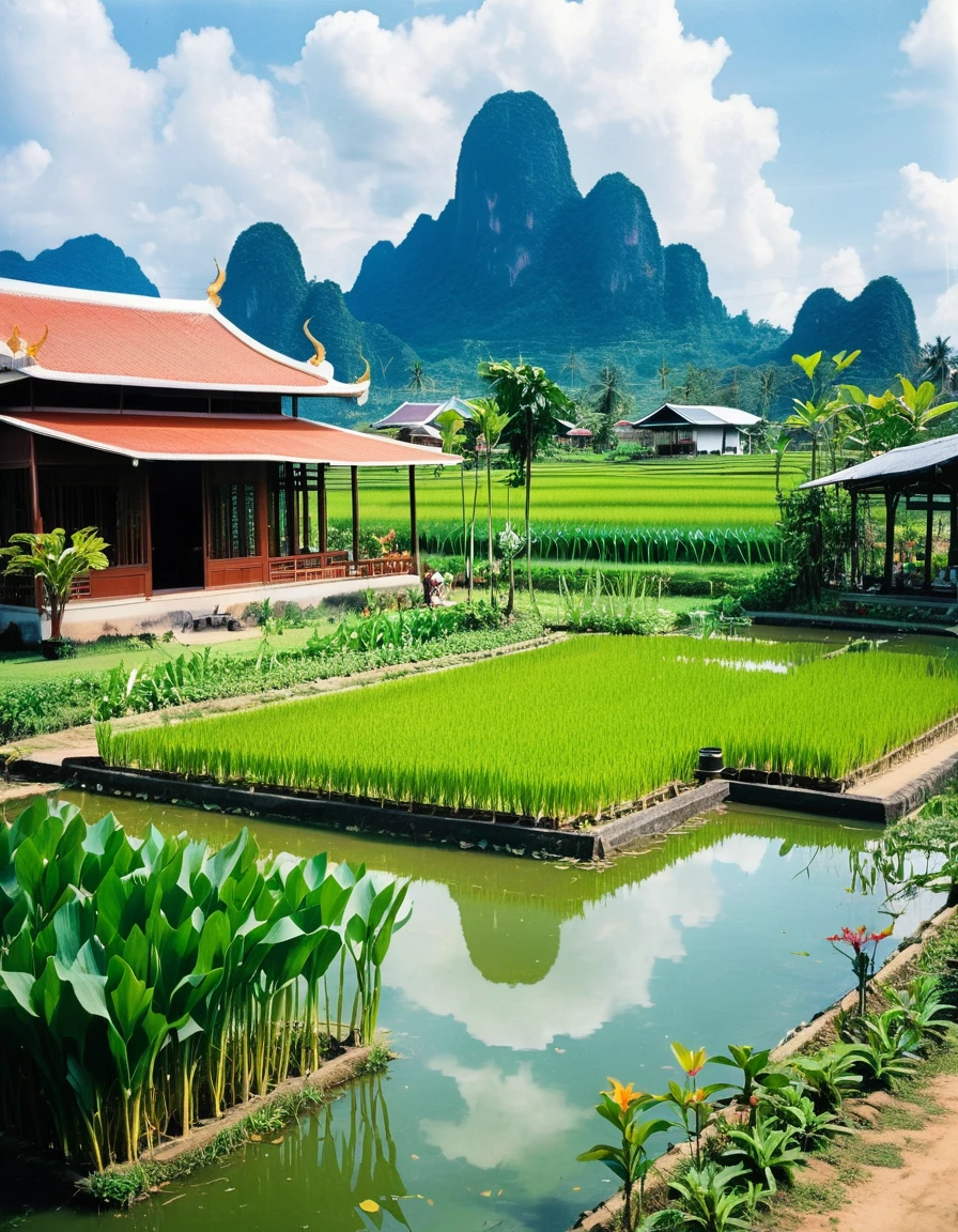 A Thai house with a pond surrounding it, a vegetable garden, rice fields, a view of the back with two low mountains next to each other, pets can use it. The way of life of people making a living Bright sky, daytime, photograph from the 1950s