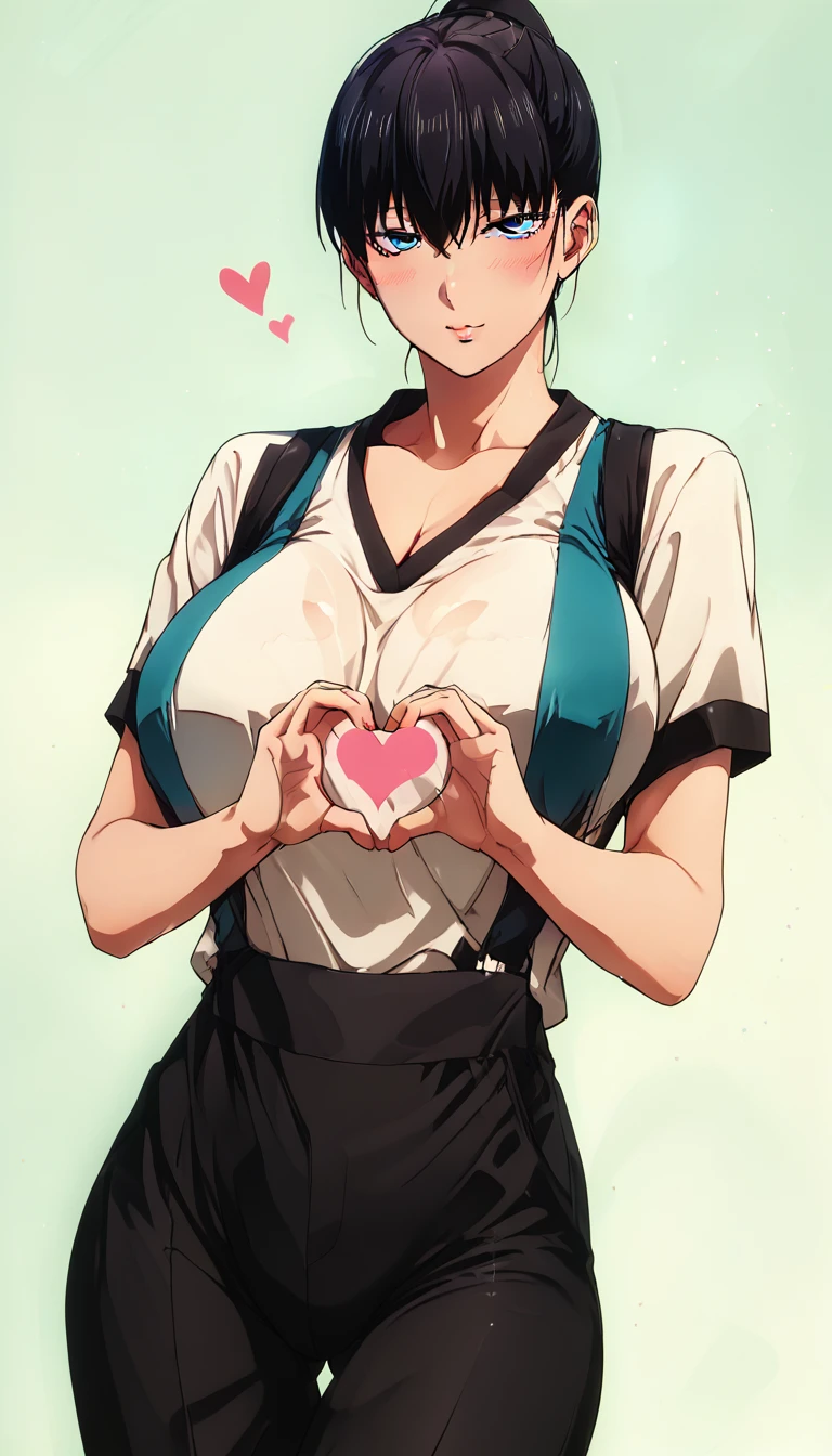 score_9, score_8_up, score_7_up, score_6_up, uncensored, akira toudou, black hair high ponytail, blue eyes, hair between eyes, BREAK (masterpiece:1.2), best quality, high resolution, (detailed eyes:1.3), perfect lighting, (perfect hands, perfect anatomy), large breasts, standing, , heart hands,