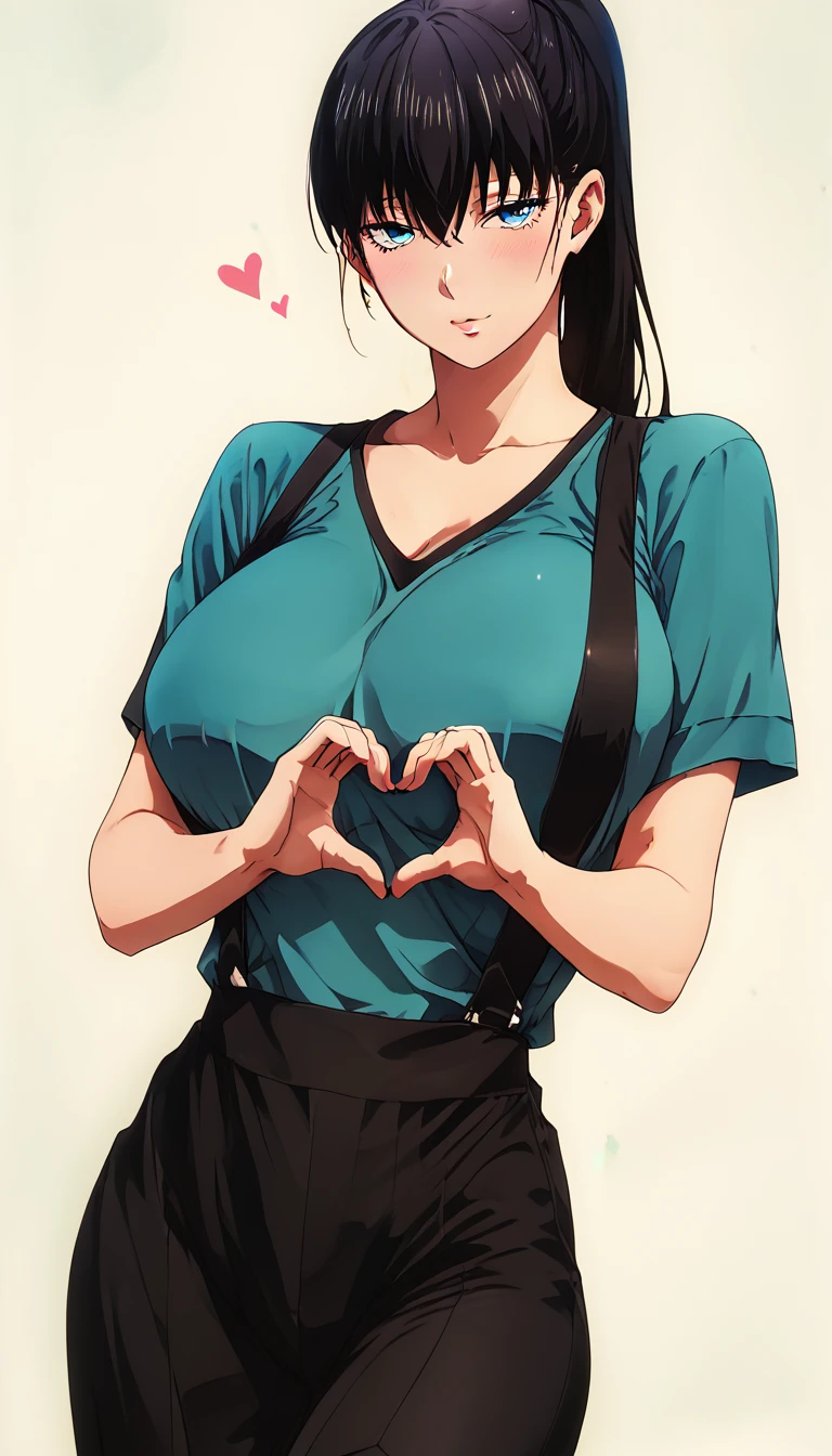 score_9, score_8_up, score_7_up, score_6_up, uncensored, akira toudou, black hair high ponytail, blue eyes, hair between eyes, BREAK (masterpiece:1.2), best quality, high resolution, (detailed eyes:1.3), perfect lighting, (perfect hands, perfect anatomy), large breasts, standing, , heart hands, 