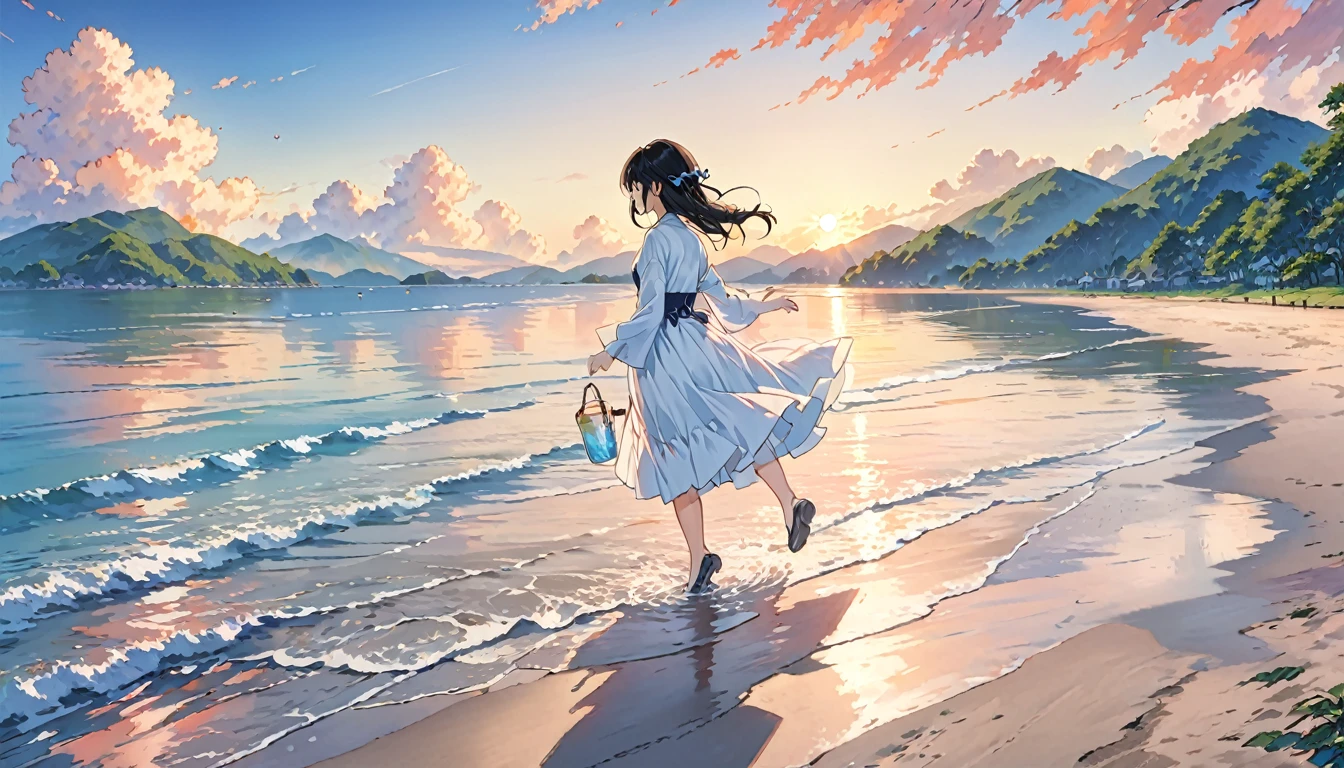 anime girl walking on the beach at sunset with a beautiful sky, Painting by Hitoshi Homura, tumbler, conceptual art, anime girl walking on water, anime beautiful peace scene, beautiful anime scene, anime girl desktop background, watching the sunset. anime, beautiful anime, beautiful anime scenery, ultra hd anime wallpaper, anime sky, anime background, hd anime wallpaper