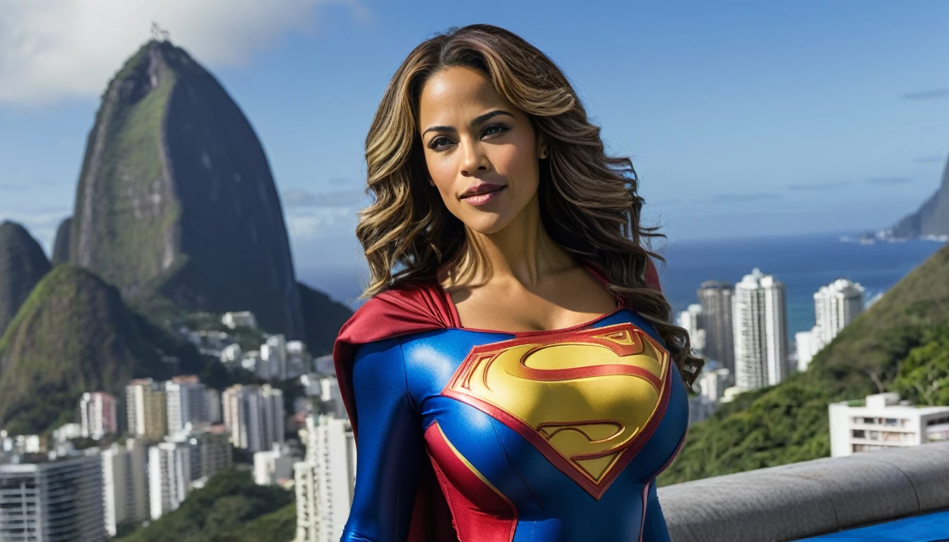 Rio de Janeiro City; super breasts; Paula Patton Supergirl 2000s movie costume; HD. Photograph, ((realism)), extremely high quality RAW photograph, ultra detailed photograph, sharp focus, high resolution, (detailed skin:1,3),high quality, film grain, Fujifilm XT3,Highly Detailed, movie, (Cinematic Photo:1.3) of (Realistic:1.3).