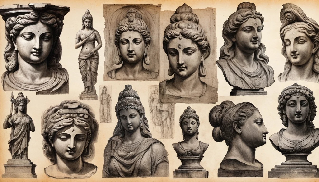 sketches, drawings, ancient sculptures, statues, charcoal pencil drawing on old paper