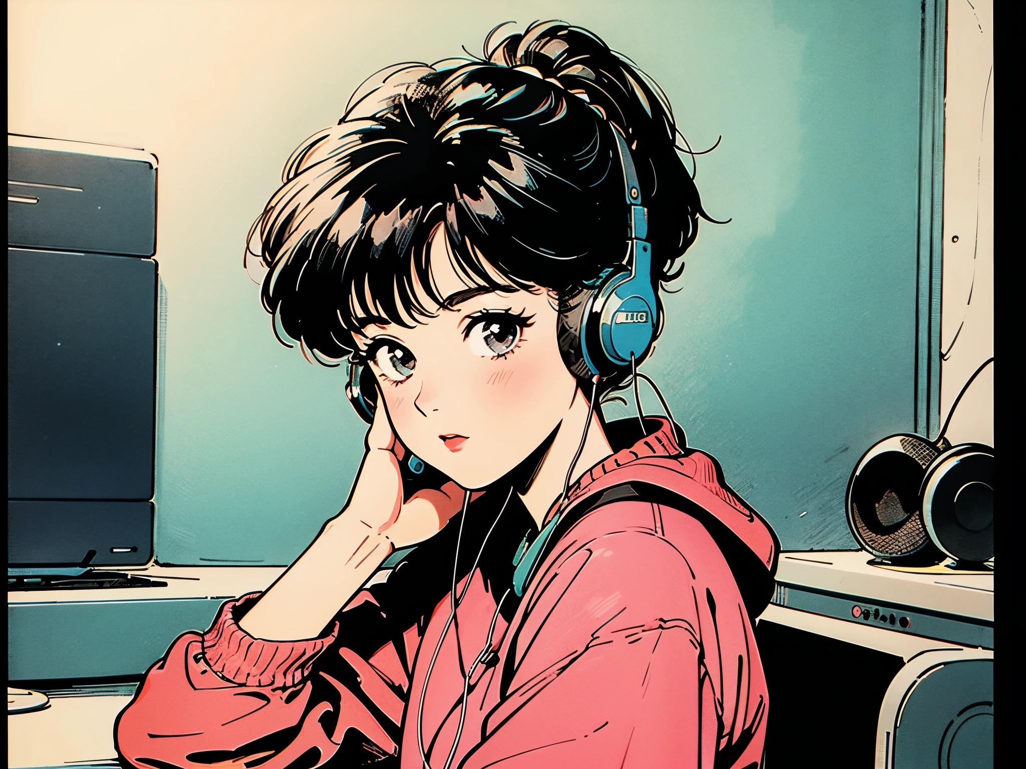Highest quality,wallpaper,masterpiece,Very detailed,8K,wallpaper,Retro,((1 female:1.5)),Single Female,Wearing headphones and listening to music,Getting in the rhythm,City Pop,Urban Pop,Retroなレコードジャケットのイラスト
