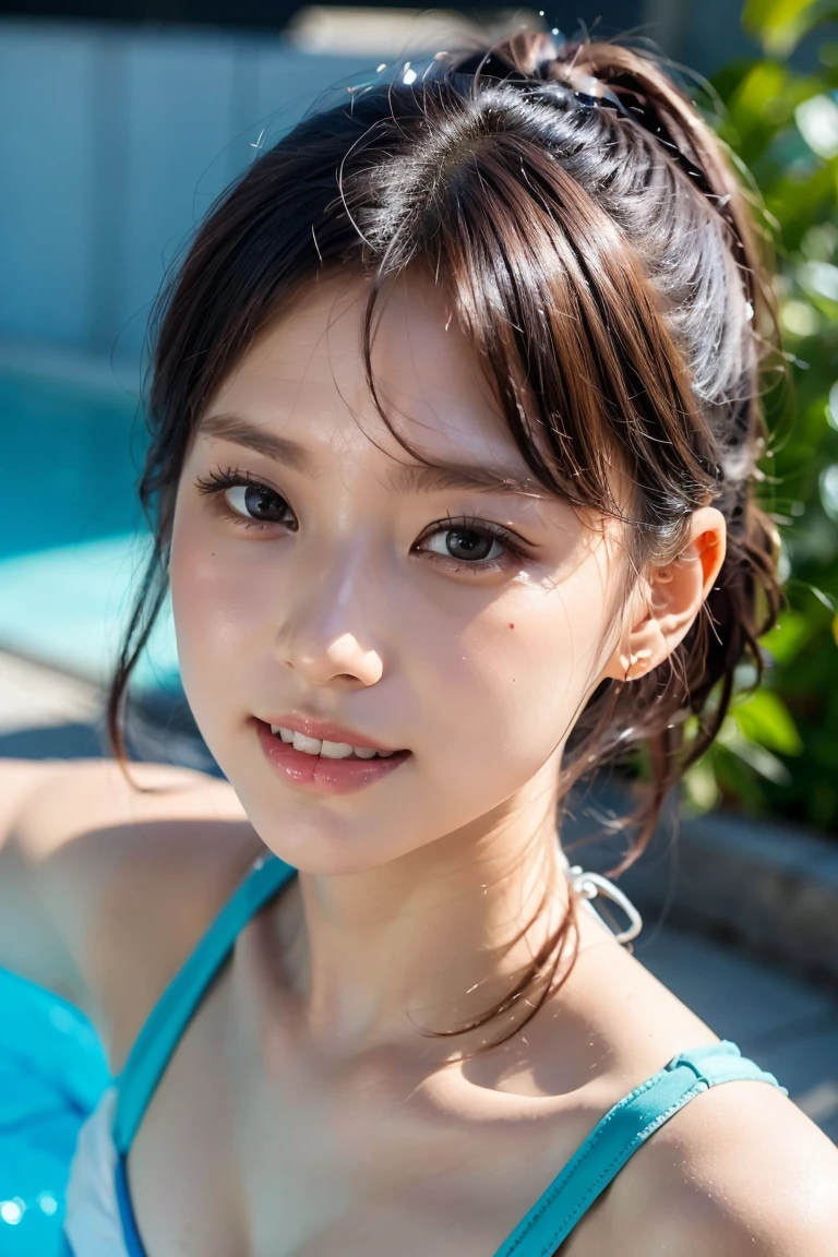 ((スポーツSwimwear:1.3)), Swimwear, Skin color, big , smile, (8K, RAW Photos, Highest quality, masterpiece:1.2), masterpiece, super detailed, super high quality, (Realistic and photorealistic photography:1. 37), High-resolution RAW color photos, Very delicate and beautiful, highly detailed, 8K壁紙, wonderful, detailed, Very eye, very detailed, very detailed skin, very thin fingers, very detailed nose, very detailed mouth, Perfect Anatomy, Upper Body, swimming, Transparency, tiny Swimwear, Nogizaka idol, Korean Idol, idol carving'Temporarily stop, 18-year-old, cheap, Cafe, restaurant, Italy, deer, Australia, break ((Upward glance)), ((angle From above: 1. 3)), From above, Looking into the camera,long hair