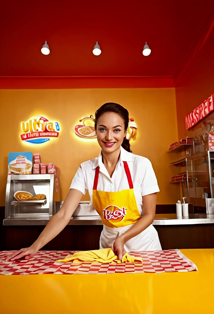 (Fast Food Worker), A fast food clerk stood behind the counter, quickly packaging hamburgers and fries in his hands, with a friendly smile on his face. The background was a busy fast food restaurant, with lively music playing inside and customers coming in a continuous stream. The clerk ordered while having pleasant conversations with customers, full body, (Photography), panoramic view, award-winning, cinematic still, emotional, vignette, dynamic, vivid, (masterpiece, best quality, Professional, perfect composition, very aesthetic, absurdres, ultra-detailed, intricate details:1.3)