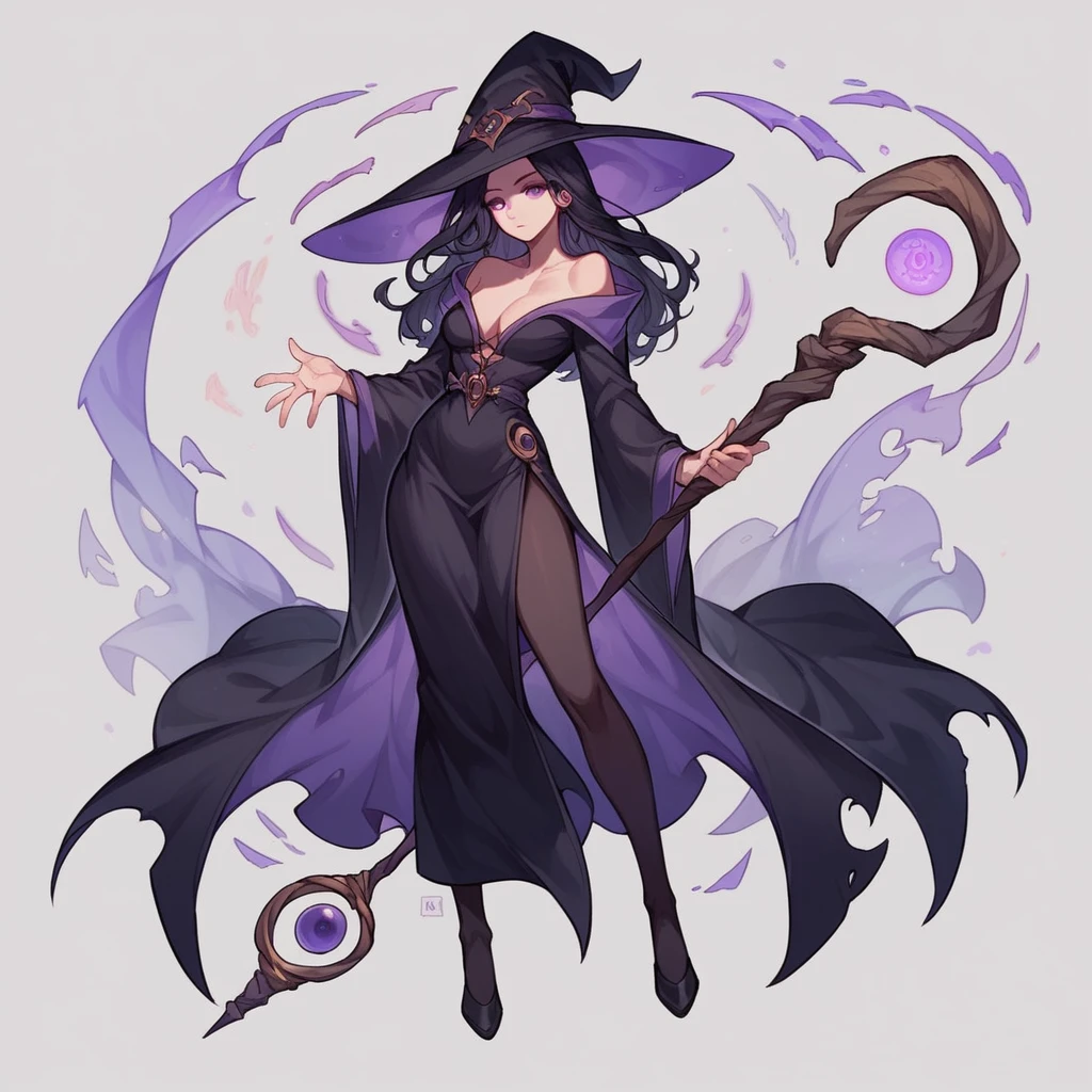 long black hair, straight hair, purple eyes, witch hat, magic staff, perfect body, sexy, full body, rpg witch, fantasy witch, wizar robe, 25 years old, sexy, black clothes, black and purple palette