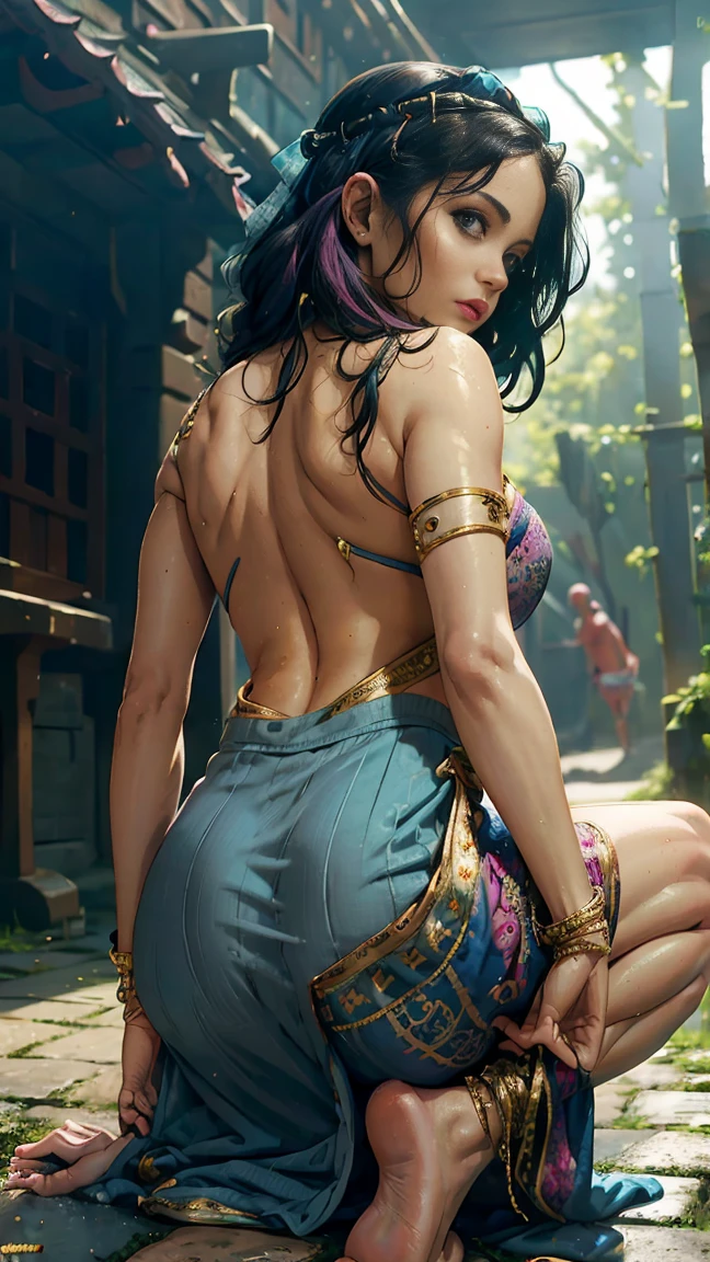 Best quality, portrait, masterpiece, 1 queen, pirate queen, walking on medieval city street, wet hair, soft body, looking straight at the viewer, big eyes, dark pink wet saree, headwear, petticoat, fully tattooed hands, 8k resolution, deep cleavage, belly piercing, big breasts, insanely detailed, parted lips, perfect anatomy, perfect fingers, ambient lighting, forest, dawn, sitting on floor , ((blue dress , pyjamas, fully covered buttocks, , bend over, bending, looking back, backside, POV pov from back, ))