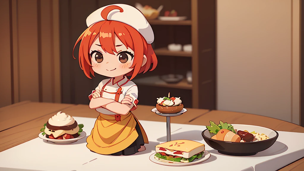 (((masutepiece))), Best Quality, Extremely detailed, (Chef Costume:1.2), (Chef's Hat), (((girl)), (((Solo))), Happy, ((Half body)), Ahoge, (((Deformed))), (((Chibi Character))), ((( Restaurant))),, ((crossed arms))), (((cooking)), ((many food)), (( food on table)), ((girl stand behind table))
