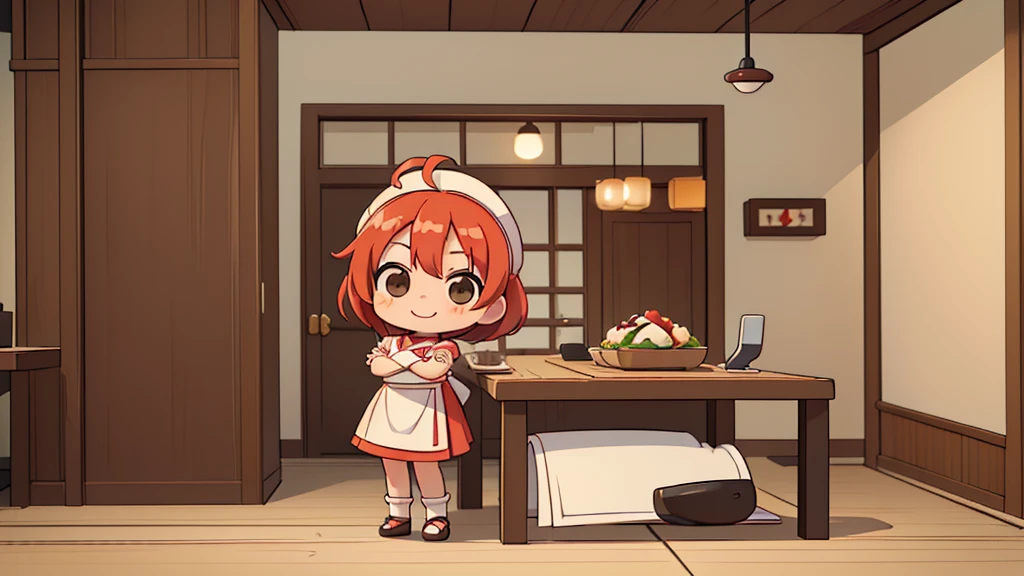 (((masutepiece))), Best Quality, Extremely detailed, (Chef Costume:1.2), (Chef's Hat), (((girl)), (((Solo))), Happy, ((Half body)), Ahoge, (((Deformed))), (((Chibi Character))), ((( Restaurant))),, ((crossed arms))), (((cooking)), ((many food)), (( food on table)), ((girl stand behind table))