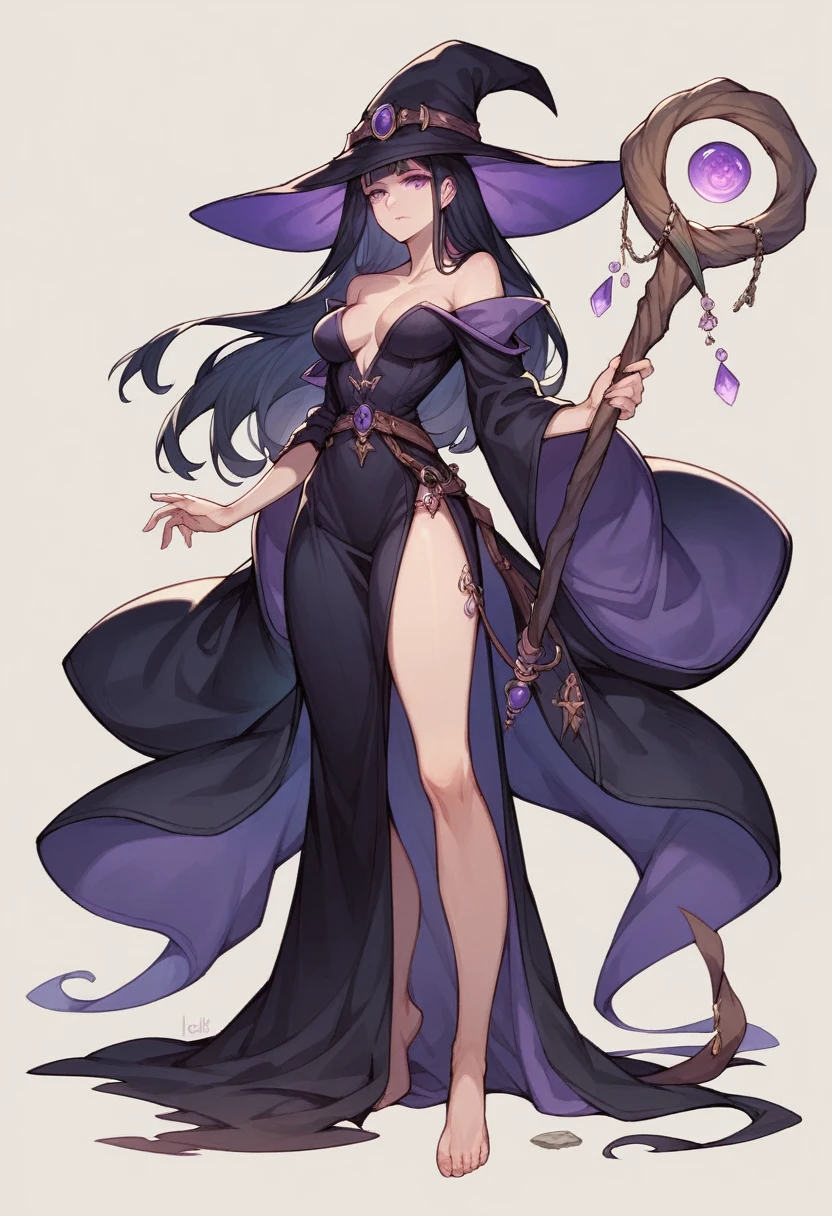 long black hair, straight hair, purple eyes, witch hat, magic staff, perfect body, sexy, full body, rpg witch, fantasy witch, wizar robe, 25 years old, sexy, black clothes, black and purple palette