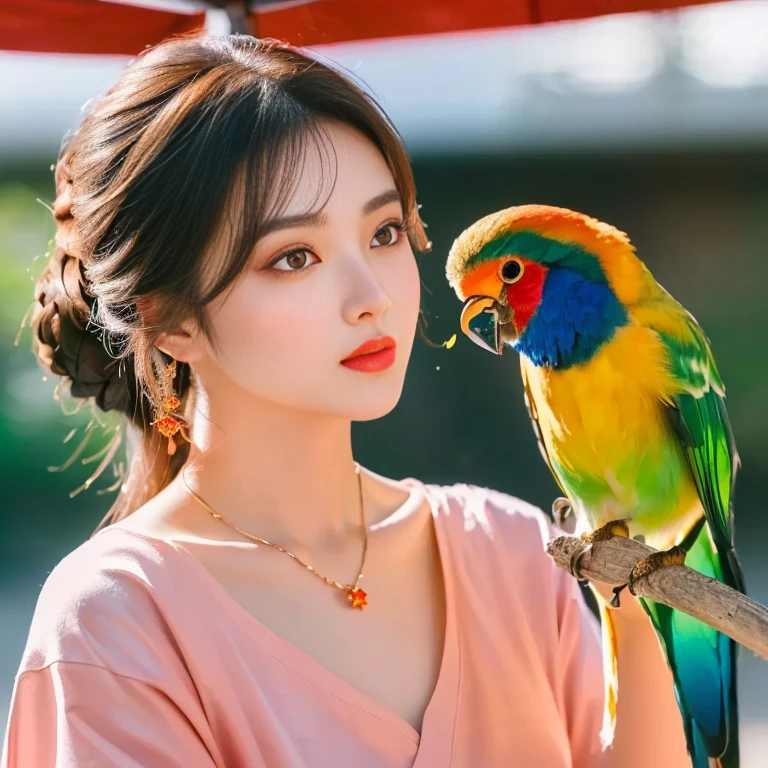 Arafe woman with long brown hair wearing a red shirt, Ruean Jia is very beautiful.!, Inspiration from Huang Ji, 8K vertical rendering, photo realistic beautiful face, Dilraba Dilmurat, red jewelry, Inspiration from Yao Tingmei, Digital art of elegance, Sazi, Portrait of a modern Darna, Sakimi-chan, Big eyes,Double eyelids, black eyes, Very large chest 38 inches, The chest is round and shiny., abdominal muscles, perfect body, Wear a dark round neck t-shirt., Bright colors, expensive silk, outdoor, Warm light, The morning sun shines beautifully., (digital painting, HDR, high contrast), straight face, face focus), (Highest quality:1.4, 3D 8K, 45,000,000,000,pixels,),(Masterpiece:1.3),(sharp focus:1.2),glowing face, (Red cheeks:1.4), ยืนเดินoutdoor, The evening sun shines beautifully and realistically.,