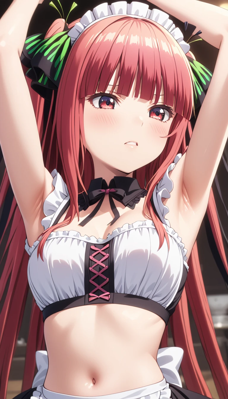 (Highest quality、Masterpiece、Very detailed、4K)、One Woman、************、Light red hair、Twin tails、(((Nakano Nino)))、chest、arm、Beautiful armpits、Beautiful navel、((Maid clothes))