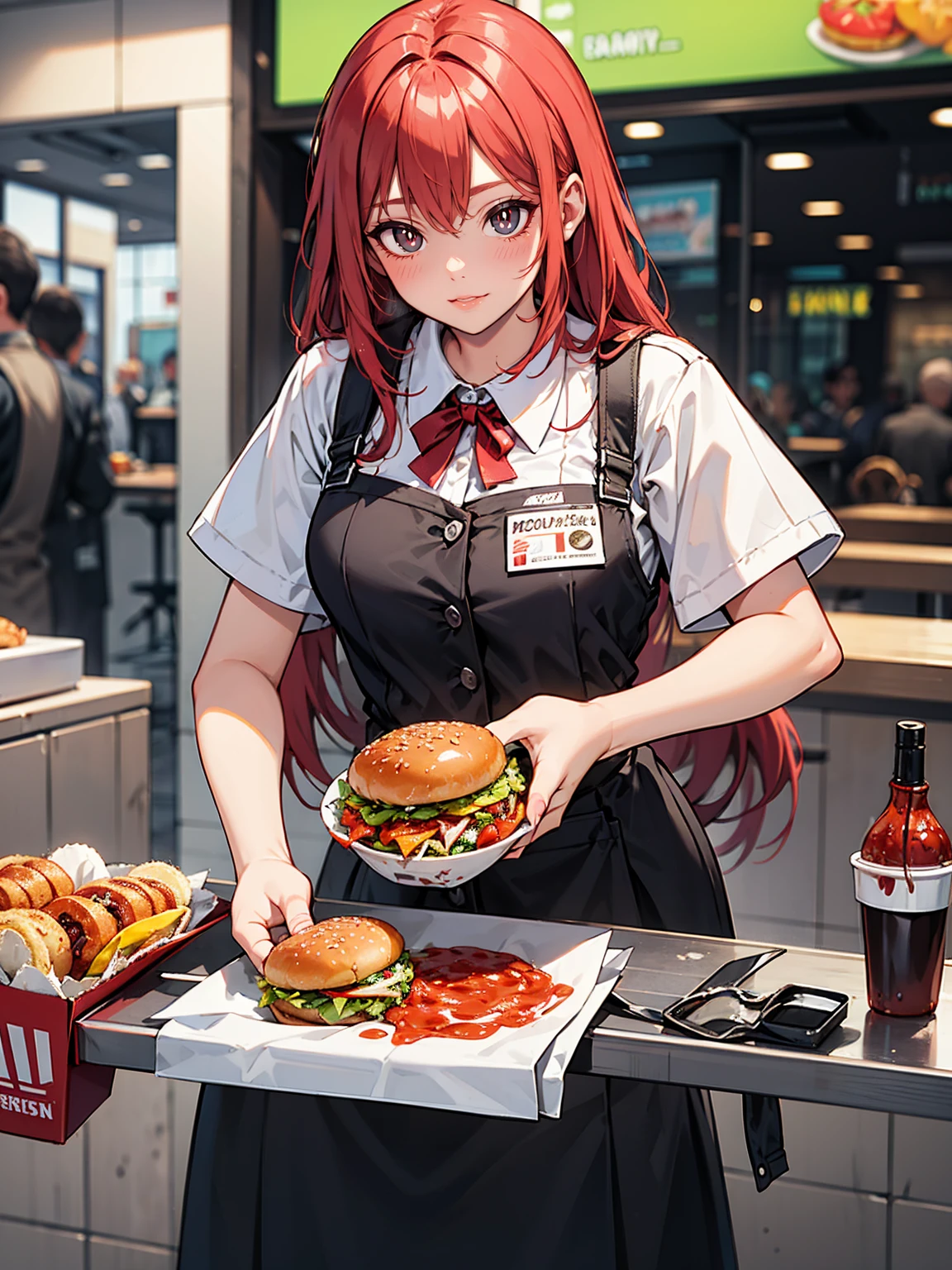 a fast food worker is spilling tomato sauce on her uniform,