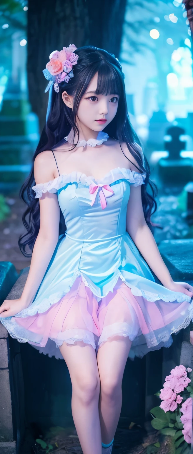 A cute and fairytale-like idol ninja girl、whole body、Good style、、、、、、、、、、Thick legs、、Fluorescent blue and purple zombie ruffle dress、Neat and clean idol face、