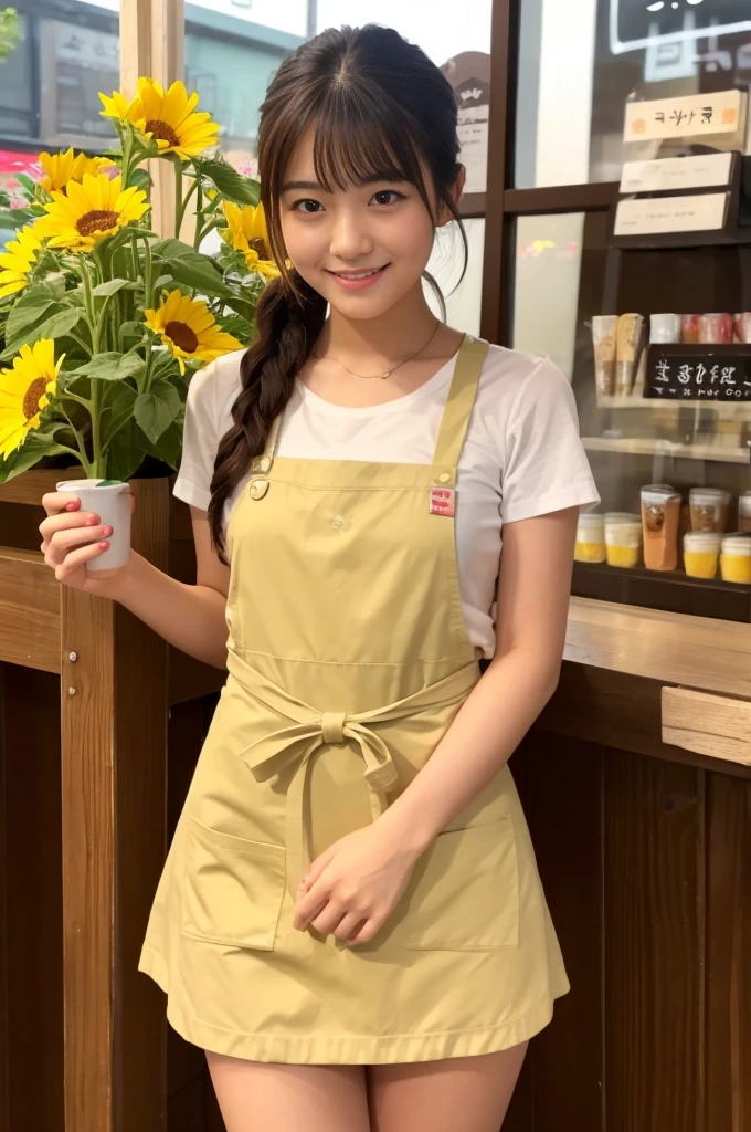 Pretty 21 year old woman（Japanese face）Wearing an apron and a miniskirt, working at the coffee cafe with sunflower