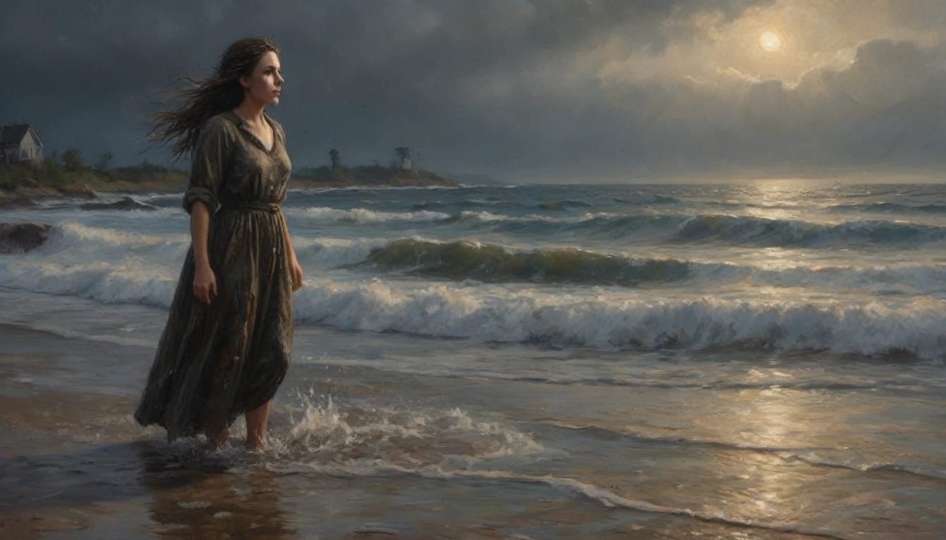 (best quality,4k,8k,highres,masterpiece:1.2),ultra-detailed,(realistic, photorealistic,photo-realistic:1.37), ((Horrow, scary scene, night: 1.5)), (I was paralyzed with fear. The figure gradually approached the shore and finally emerged. It was a young woman who had been reported missing. She stood there with a blank expression, her wet hair hanging down, and she reached out towards me.)