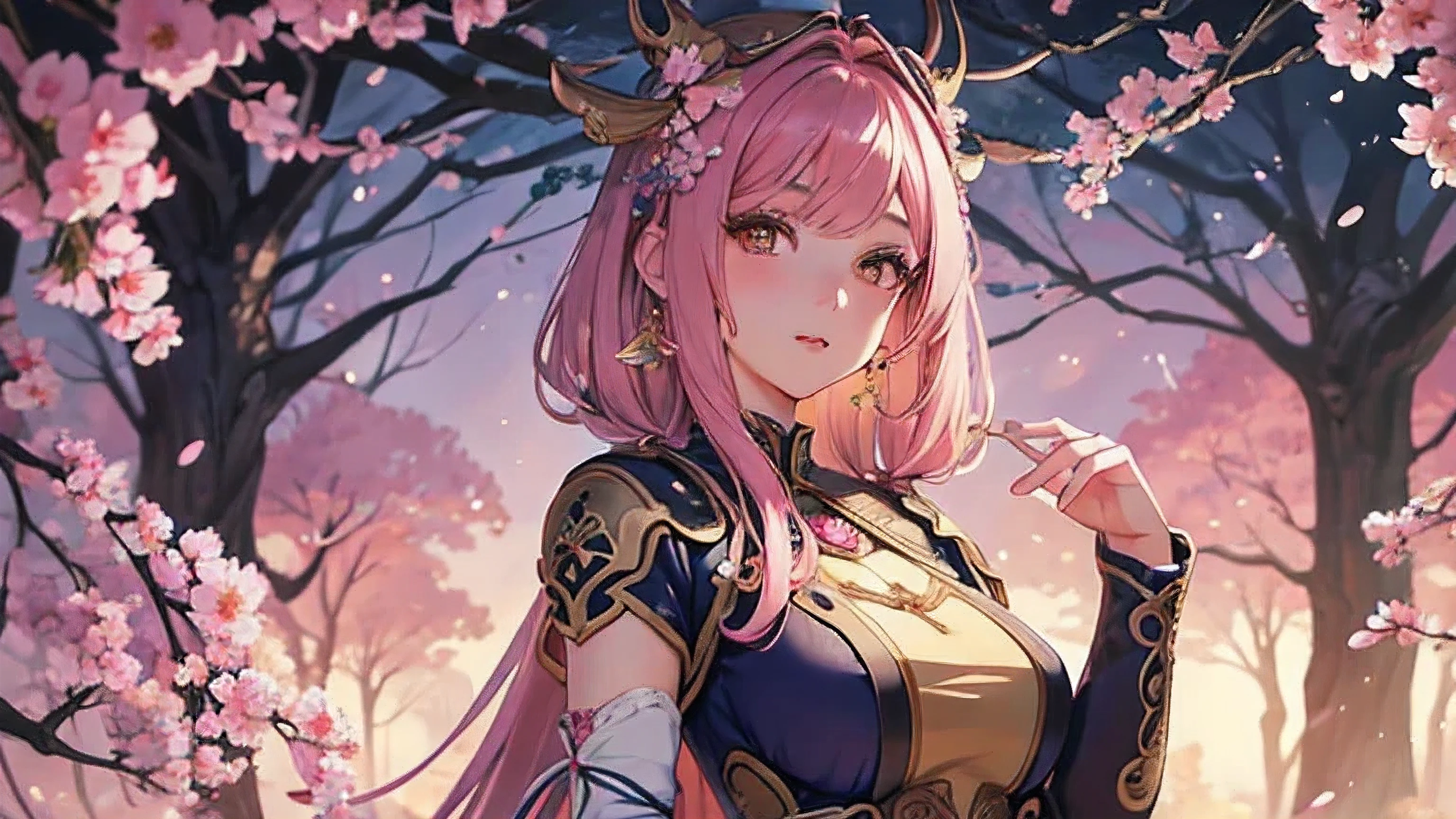 a beautiful young anime girl, detailed eyes, detailed lips, long eyelashes, elegant expression, detailed face, intricate hairstyle, colorful anime-style dress, detailed fabric textures, detailed background scenery, fantasy forest landscape, glowing sakura petals, warm color palette, soft lighting, digital painting, masterpiece, 8k, ultra-detailed, photorealistic