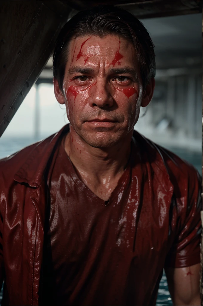 Tears of blood stream down Anthony Perkins' face as his attire becomes drenched in blood, leading to his descent into the dark waters of the ocean.