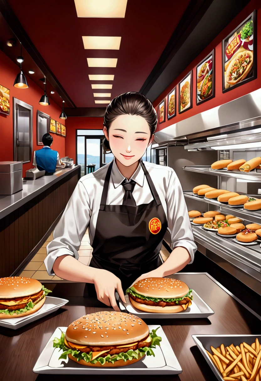 (Fast Food Worker), A fast food clerk stood behind the counter, quickly packaging hamburgers and fries in his hands, with a friendly smile on his face. The background was a busy fast food restaurant, with lively music playing inside and customers coming in a continuous stream. The clerk ordered while having pleasant conversations with customers, full body, (Photography), panoramic view, award-winning, cinematic still, emotional, vignette, dynamic, vivid, (masterpiece, best quality, Professional, perfect composition, very aesthetic, absurdres, ultra-detailed, intricate details:1.3)