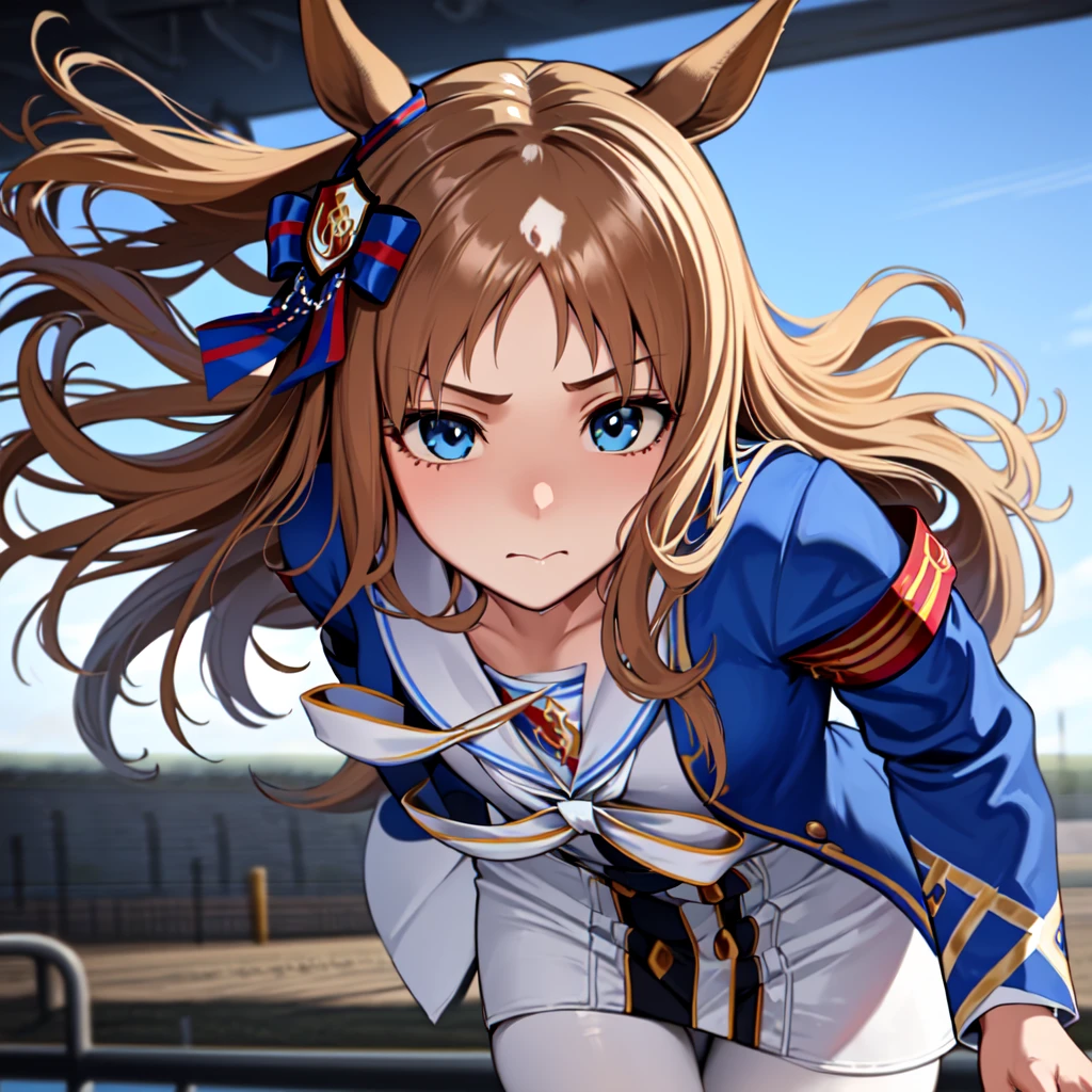 masterpiece, top quality,
Glass Wonder \(Uma Musume\),

face close up,

closed mouth, blue eyes, ((eyes/aura/blue)),

running, ((beautiful running)), racetrack, grass,

white sailor collar, blue jacket, long sleeves, armband, white dress, white skirt, black pantyhose, boots, brown footwear, mismatched footwear