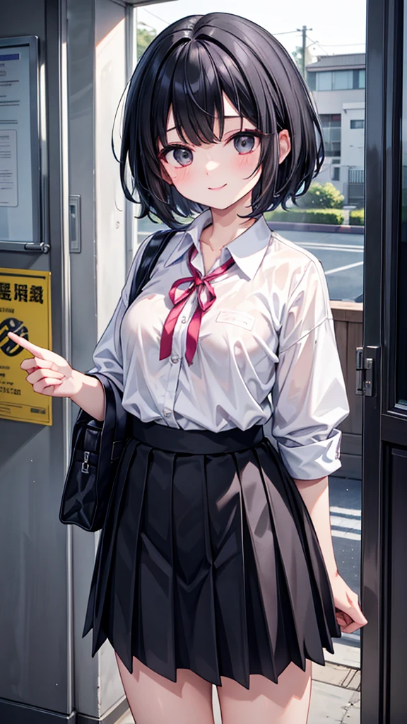 Short black hair and black eyes、primary school student， girl、Small breasts、Smile、There are bright spots around the eyes、cute hairpin、I can see the whole body、School，primary school student服