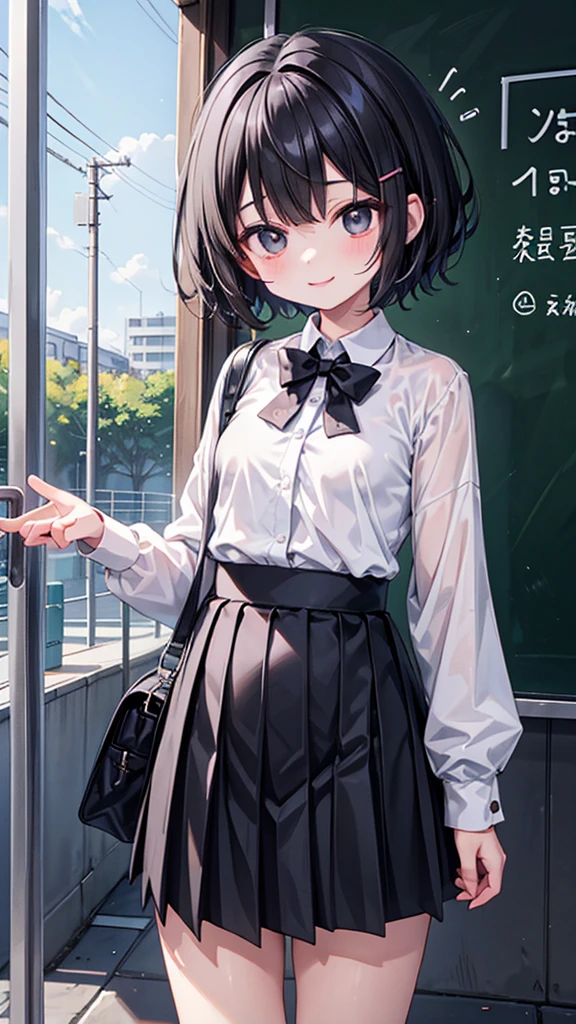 Short black hair and black eyes、primary school student， girl、Small breasts、Smile、There are bright spots around the eyes、cute hairpin、I can see the whole body、School，primary school student服