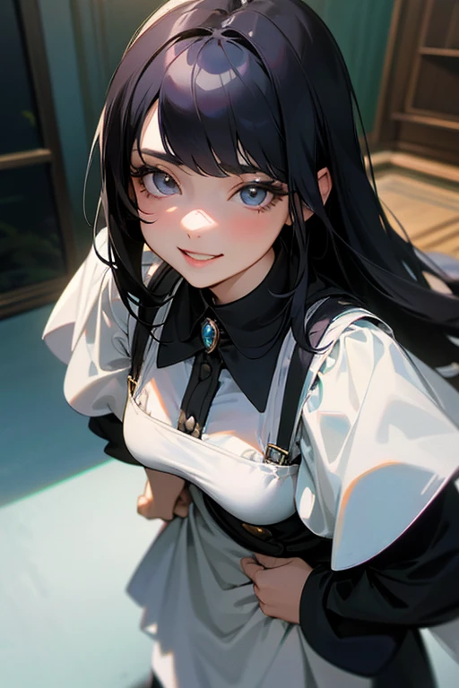 (Highest Resolution, clear_image) Highest quality, single, One woman, alone, masterpiece, Very detailed, Semi-realistic, Black Hairのショートヘア, Black Hair, bangs, 18-year-old, mature, Light blue , Indoor Background, kind, Authoritative, Powerful, exquisite features, exquisite features、Eyelashes become longer、Showing teeth、smile😀、Maid clothes、woman&#39;Fingers in the、Sleeping on the sofa、Long Hair、Fluttering in the wind、((Off-the-shoulder clothing))